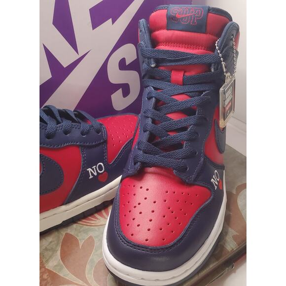 Nike Supreme x Dunk SB High By Any Means Red Navy Mens 7 / Womens 8.5 - Picture 2 of 14